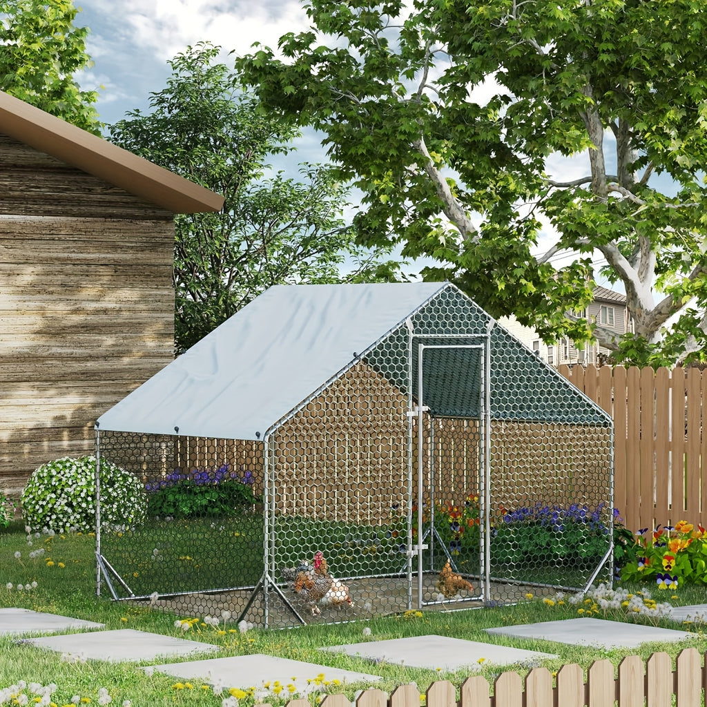 Metal Chicken Coop with UV-Resistant Cover, Walk-In Outdoor Poultry Enclosure for Backyard Hens with Flat, Dome or Spire Roof Options