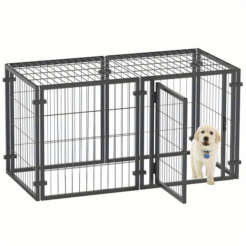 Dog Playpen with Roof and Lockable Door, Heavy-Duty Metal Panel Pet Enclosure for Large Dogs, Indoor Outdoor Use, Model MD25-Pen47-Metal