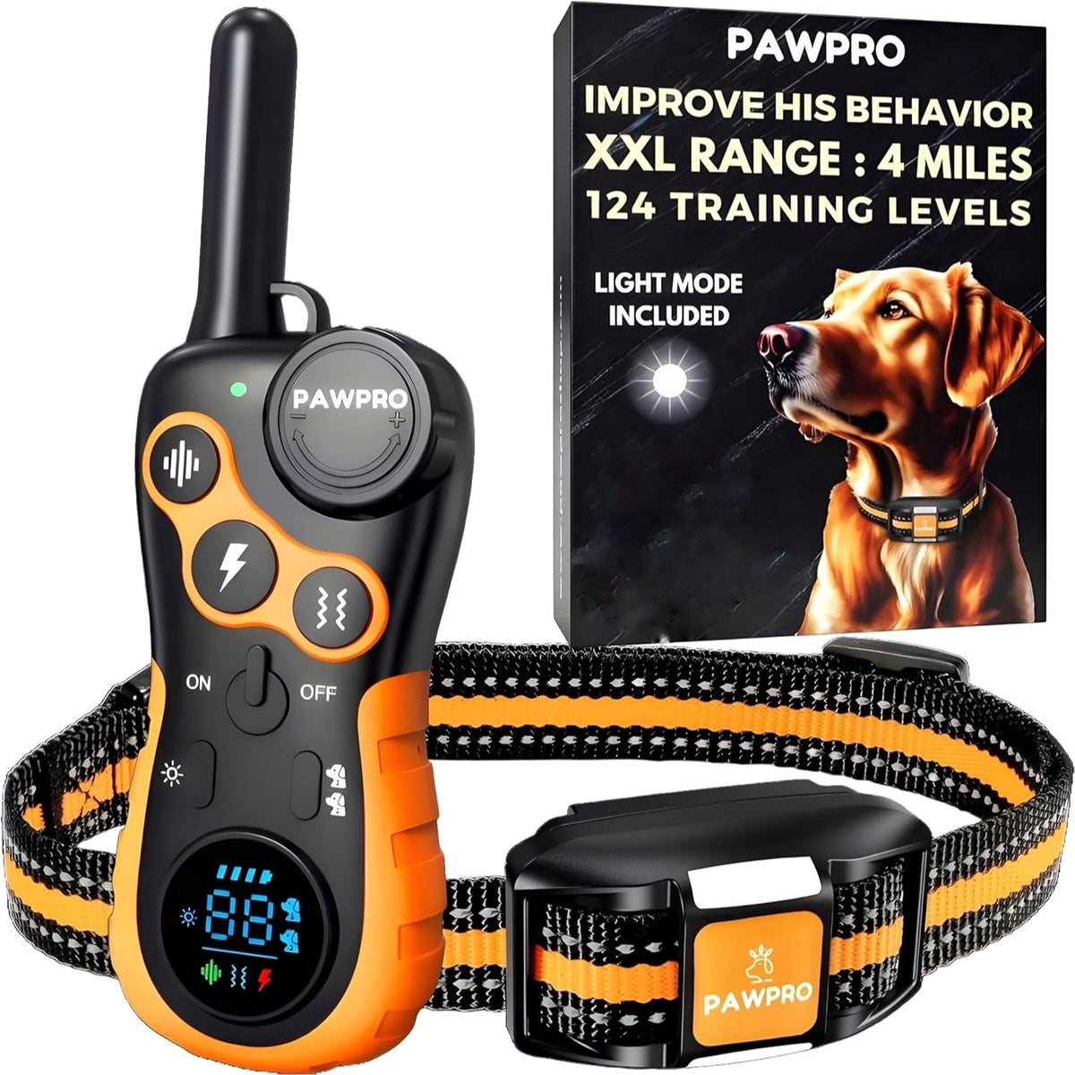 Long Range Dog Training Collar with Remote, PAWPRO Listed 4-Mile Range, 124 Adjustable Levels, Beep, Vibration, Static and Night-Light Modes