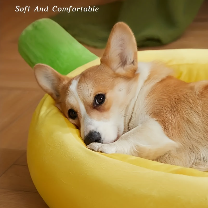 Banana Cat Bed in Yellow Plush, Fruit-Shaped Pet Nest with Raised Sides for Cats and Small to Medium Dogs, S L XL and 2XL Size Options
