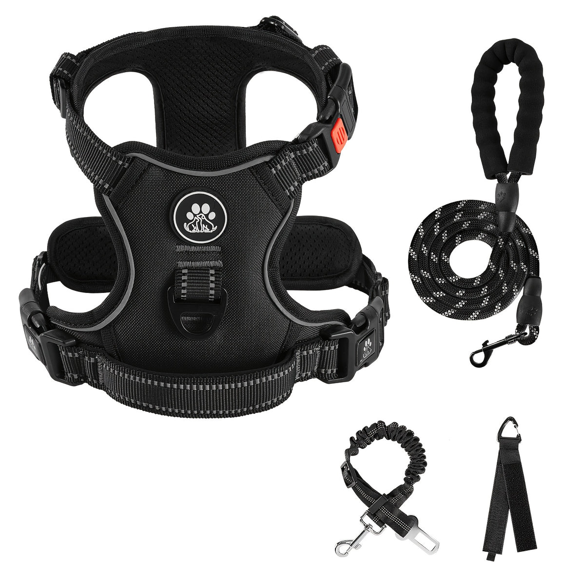 No Pull Dog Harness Set with Three-Buckle Open-Neck Design, Reflective Adjustable Vest, Padded Handle, Leash and Seat Belt, XS-XL