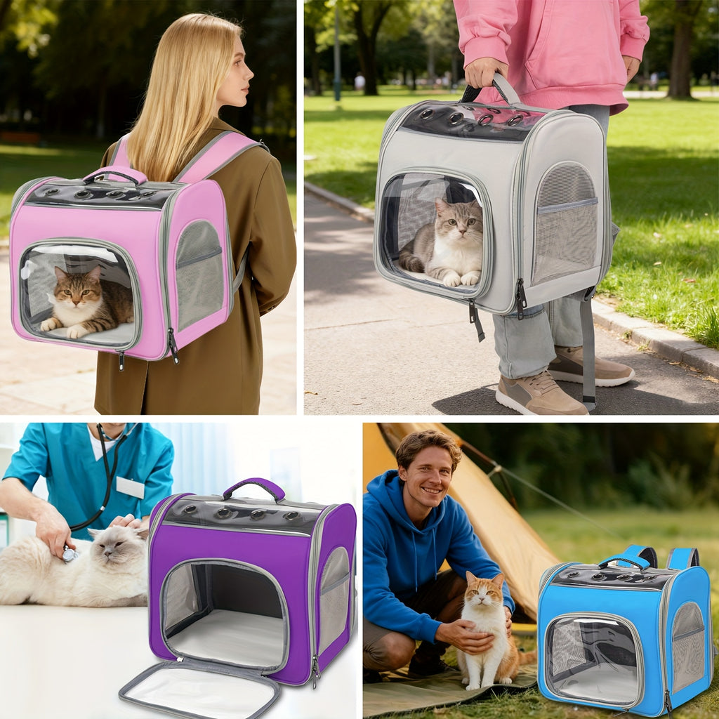 Cat Backpack with Front Opening and Breathable Mesh Window, Foldable Pet Carrier in Purple, Pink, Gray or Blue for Walks and Travel