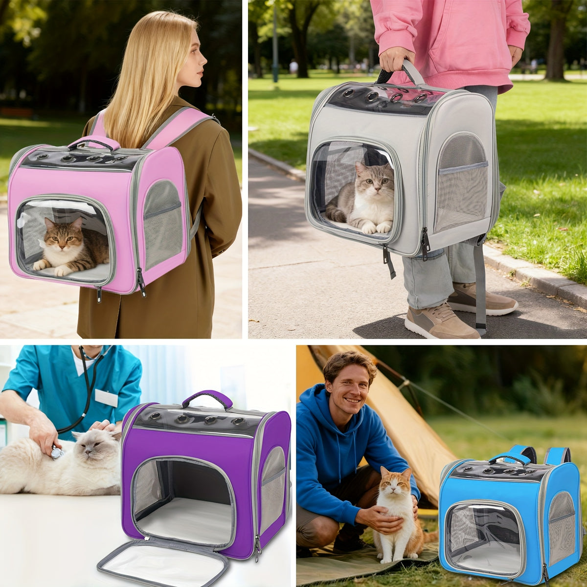 Cat Backpack with Front Opening and Breathable Mesh Window, Foldable Pet Carrier in Purple, Pink, Gray or Blue for Walks and Travel