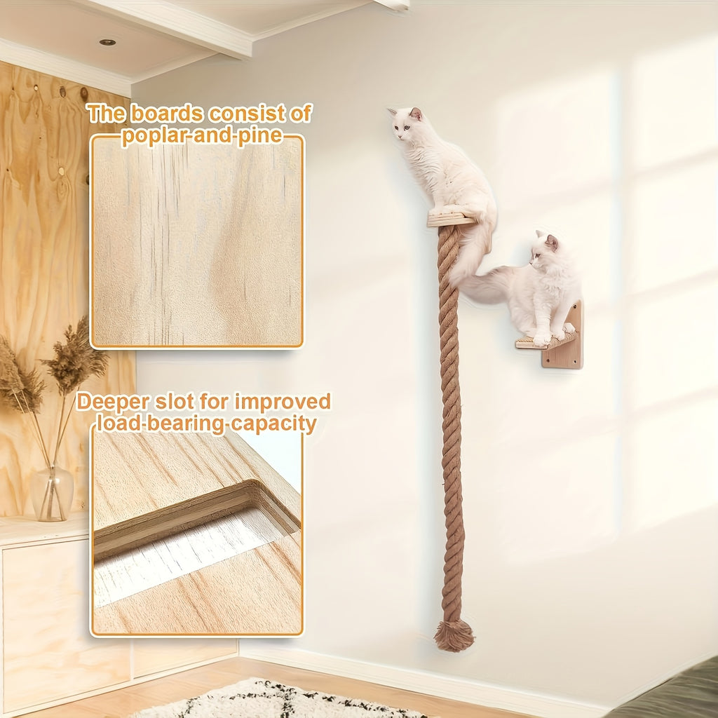 Wall-Mounted Cat Climbing Rope with Jumping Platform, Thick Natural Hemp Rope Indoor Cat Wall Accessory for Space-Saving Climbing and Play