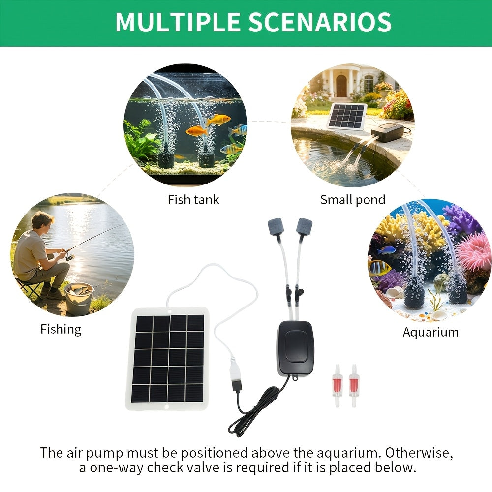 Solar Pond Air Pump with Dual Outlets, Portable Hanging Aquarium Aerator with Solar Panel, Air Tubing and Two Air Stones for Outdoor Fishkeeping