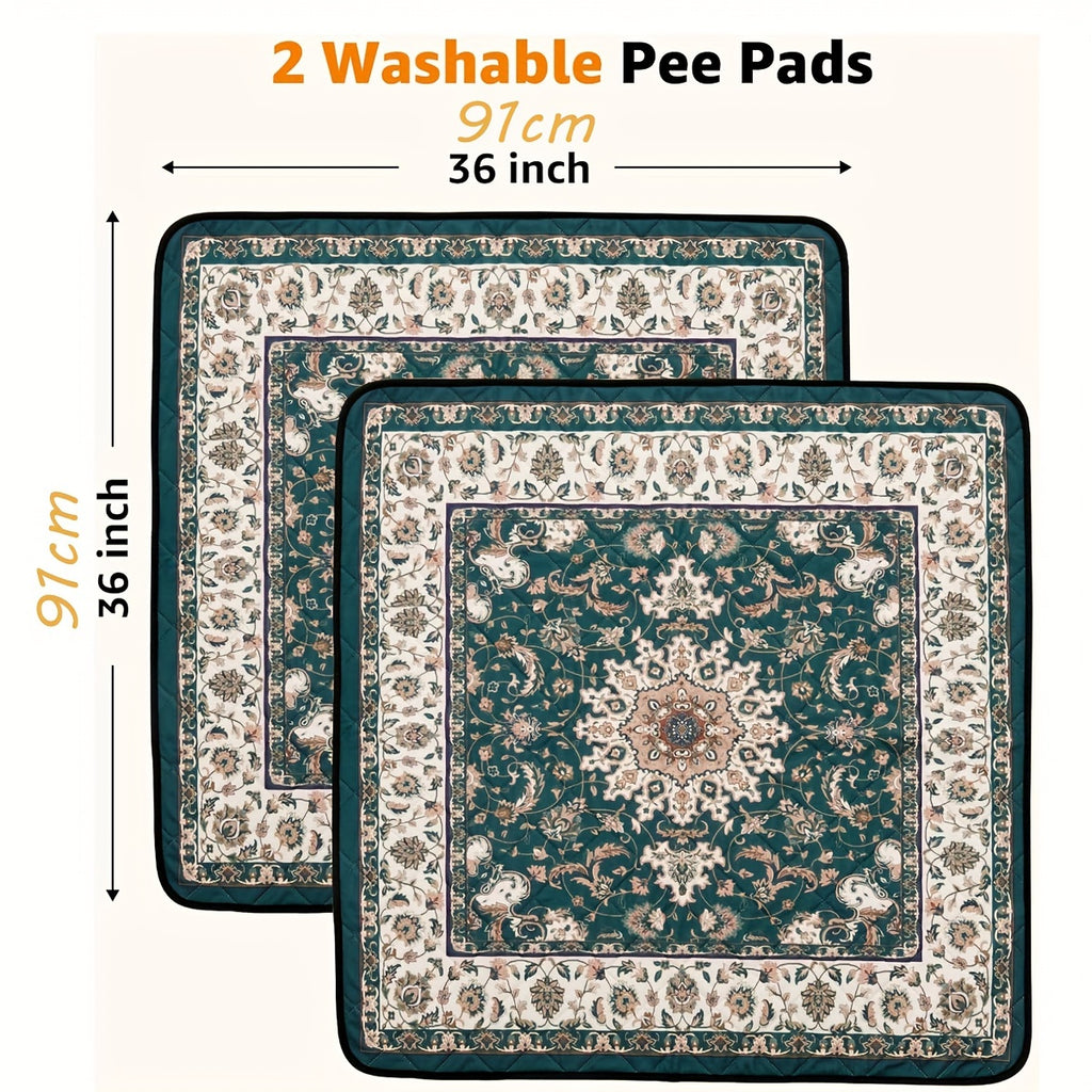 Bohemian Washable Dog Pee Pads 2 Pack, 36 x 36 Inch Reusable Non-Slip Puppy Potty Training Mats with Ornate Green Print for Floors and Playpens