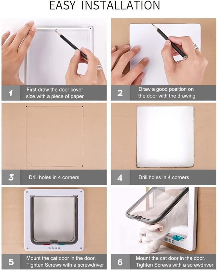 Cat Door with 4-Way Lock, Weatherproof Pet Flap for Cats and Dogs with Bonus Rainbow Ball Toy, M L XL Sizes in White, Black or Coffee