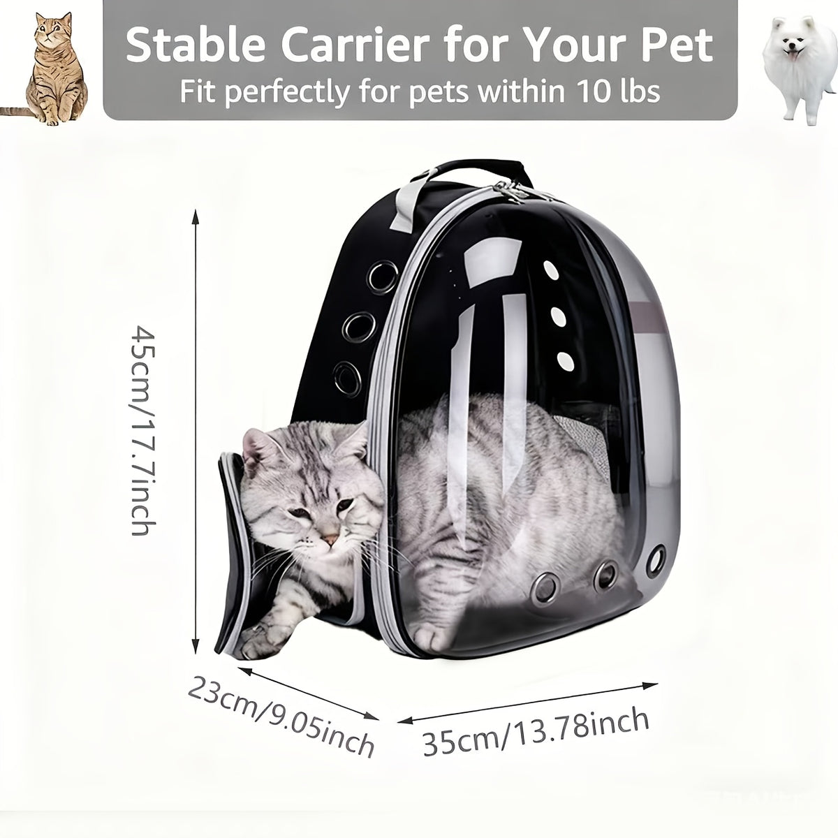 Space Capsule Cat Backpack in Black, Clear Breathable Pet Carrier with Zipper Closure for Cats and Small Dogs, Vet Visits and Outdoor Trips