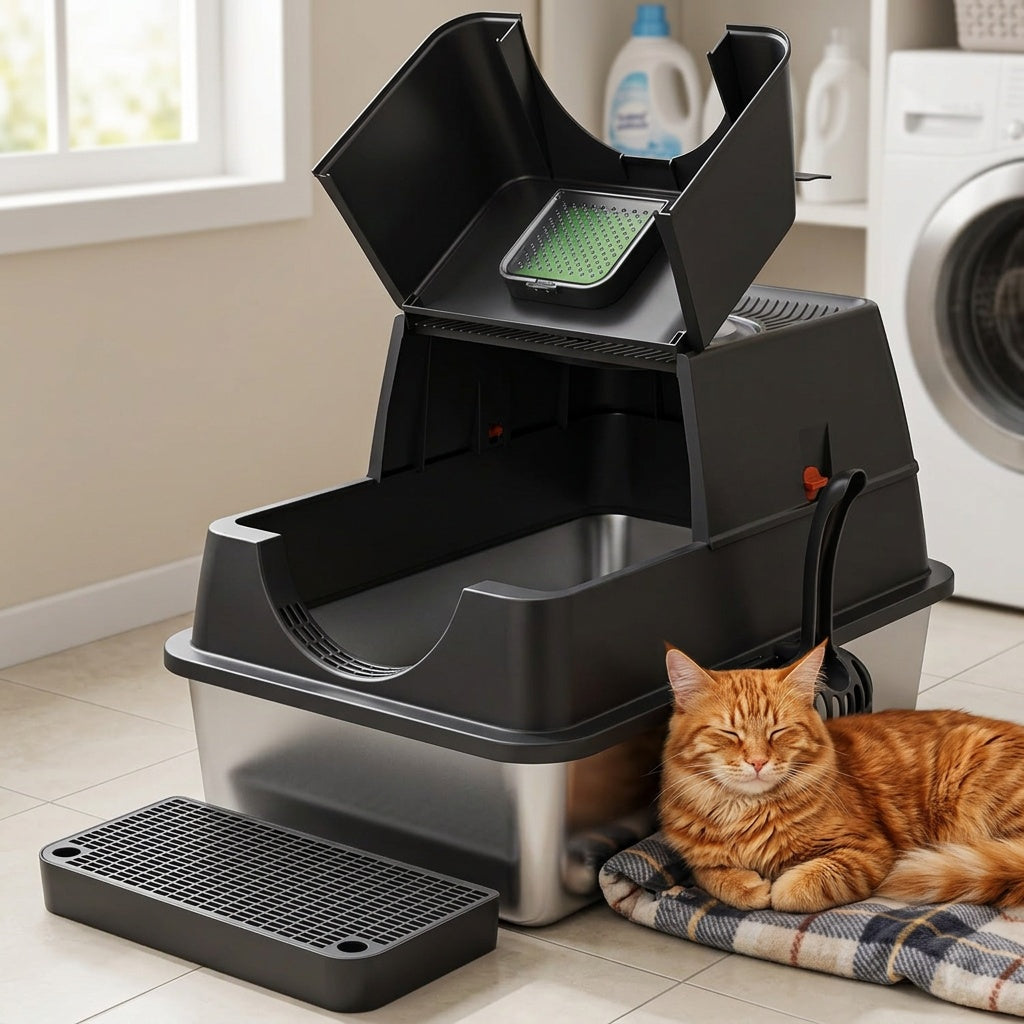 Flip-Top Stainless Steel Litter Box, XL High-Sided Metal Cat Tray with Enclosed and Upgraded Model Options for Indoor Cats and Multi-Cat Home Routines