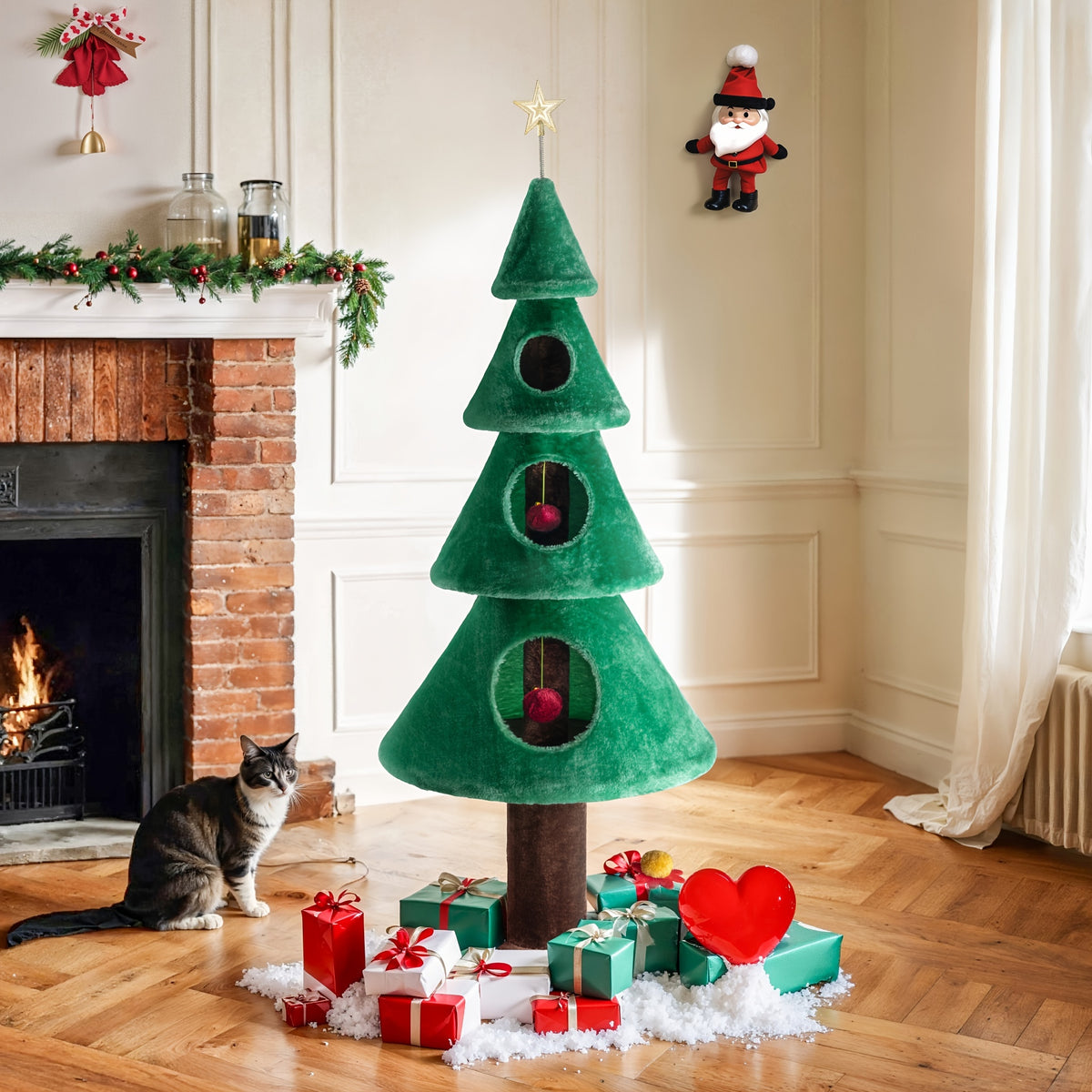 Christmas Cat Tower 63 Inch, Green and Brown Indoor Kitten Condo with Soft Ball Toys and Sturdy Base, Holiday Cat Furniture for Play and Rest