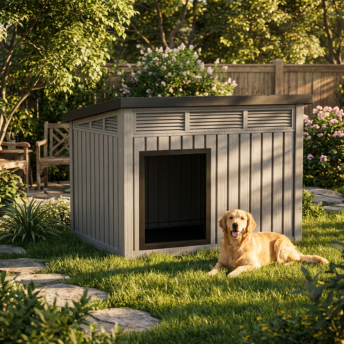 Dog House for Large Dogs Outdoor, All-Weather Resin Dog Shelter with Lift-Up Slant Roof and Ventilation Louvers, Windproof Rainproof UV-Resistant, 2 Sizes in Black or Gray
