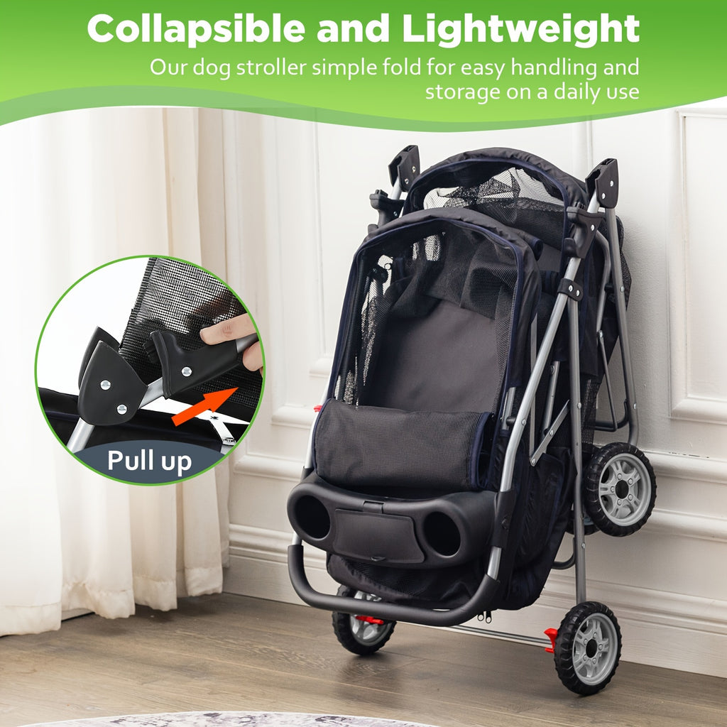 Double Decker Pet Stroller for Dogs and Cats, Foldable Four-Wheel Travel Pushchair with Cup Holder in Black or Pink for Small to Medium Pets