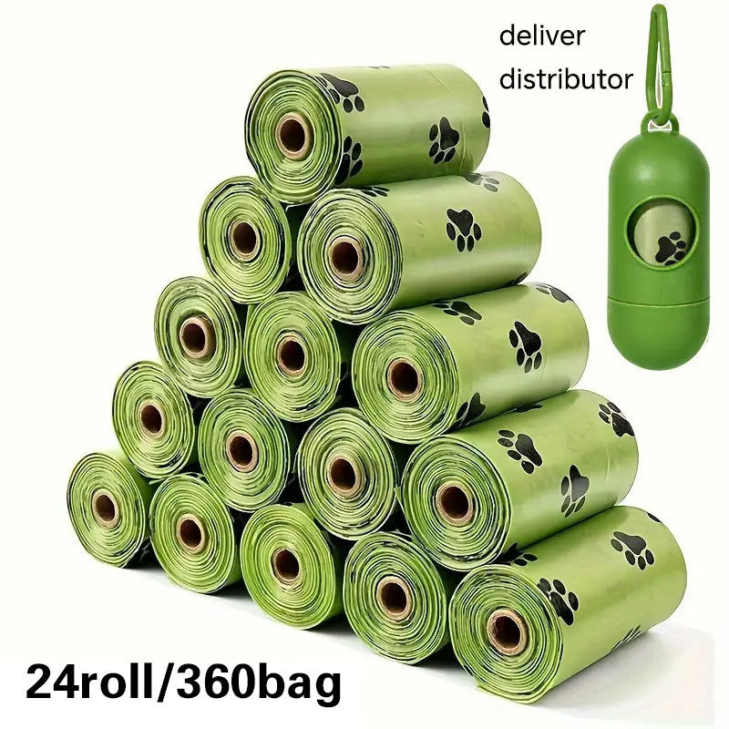 Dog Poop Bag Refills 360 Count, 24 Rolls of Thick Green Paw Print Pet Waste Bags, Easy-Tear Cleanup Supplies for Daily Walks, Park Trips and Travel