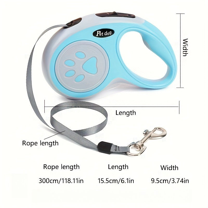 Paw Print Retractable Pet Leash 3m, Portable Walking Lead for Cats and Dogs with 4 Bells, Blue Green Pink or Black for Everyday Outdoor Walks