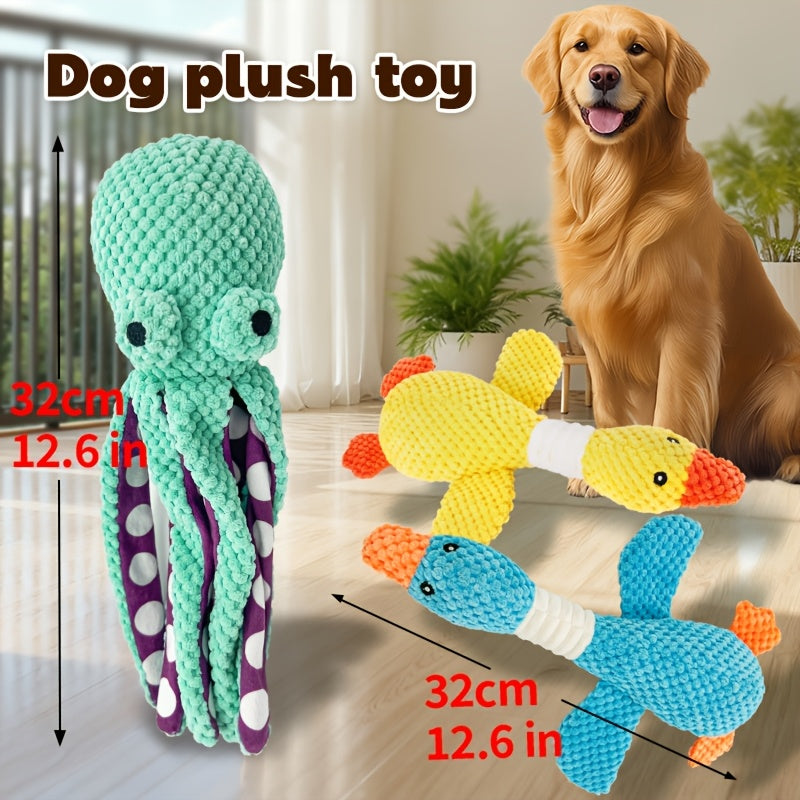 Random Animal Plush Dog Toy, One Squeaky Textured Companion for Supervised Gentle Play, Assorted Octopus, Goose, Wolf, Lion or Elephant Style