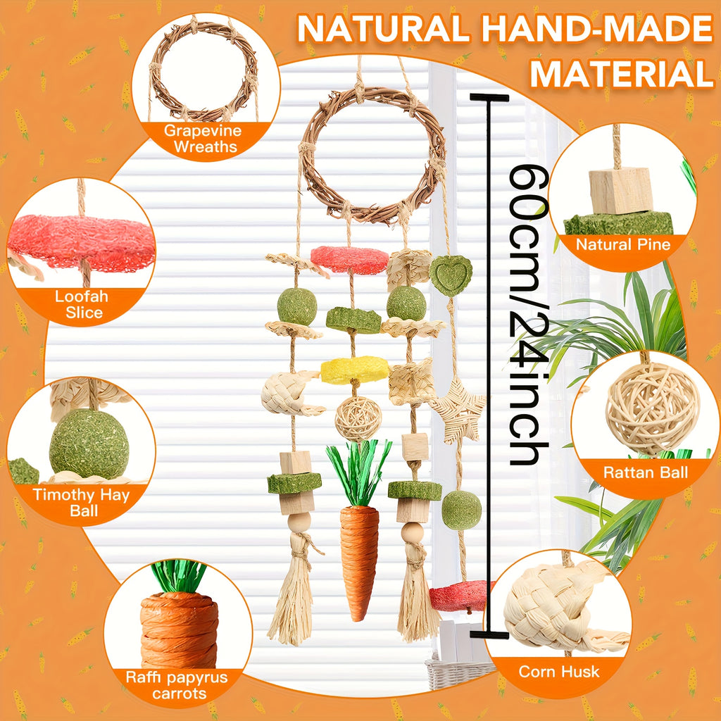Hanging Rabbit Chew Rings 2 Pack, Rattan Bunny Cage Toys with Snacks for Supervised Small Pet Enrichment, Rabbit and Hamster Listed Option