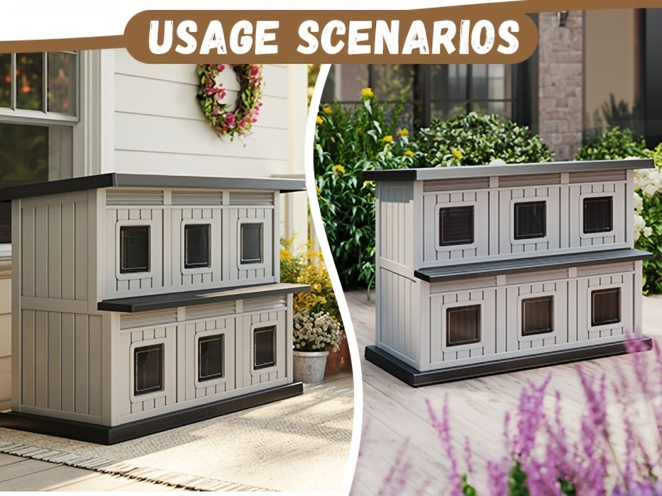 Two-Story Cat House with Multiple Small Windows, Double-Layer Cat Apartment and Resting Shelter for Stray Cats, Blue or Black Color Options