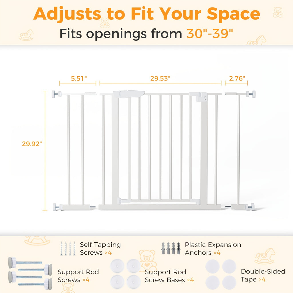 Auto Close Pet Gate in White, Pressure Mounted Walk Through Dog Barrier with Two-Way Swing, One-Hand Operation and Extensions for Doorways and Hallways
