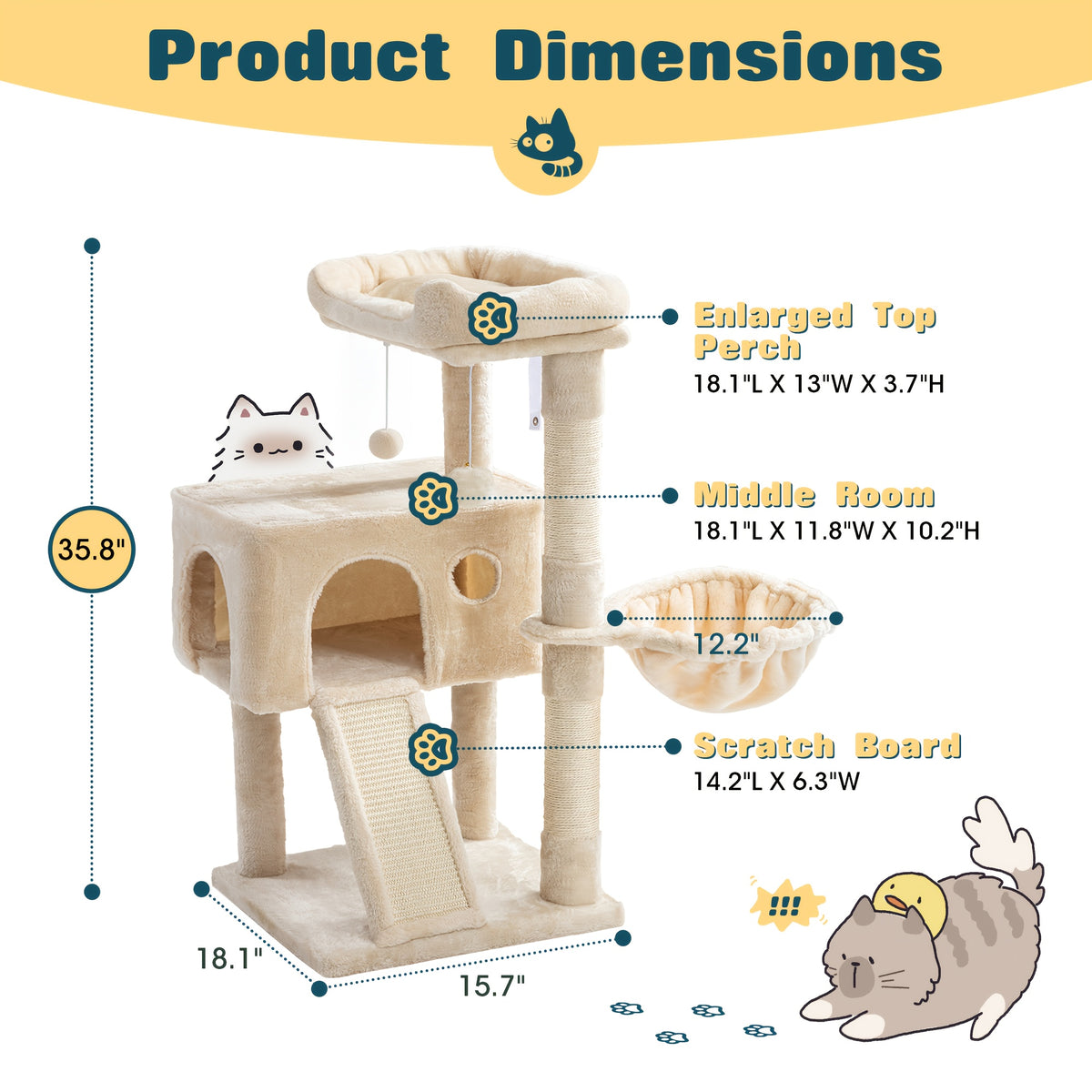 Multi-Size Cat Tree Tower for Indoor Cats, 36 65 68 or 81 Inch Multi-Level Pet Furniture with Sisal Scratching Posts and Plush Resting Areas
