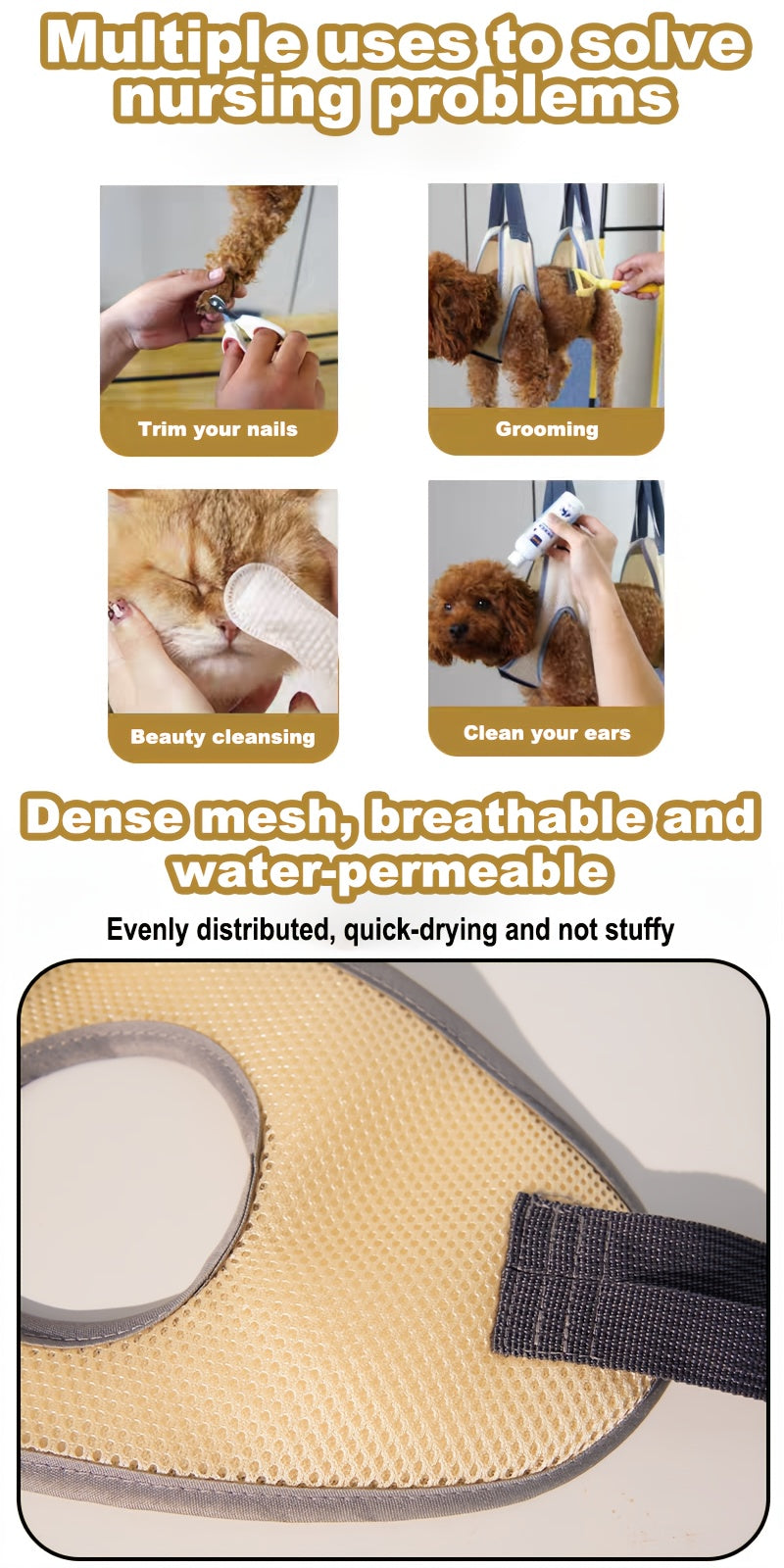 Mesh Pet Grooming Hammock with Adjustable Straps and Hooks, Breathable Nail Trimming Support Sling for Cats and Small Dogs in Grey or Pink