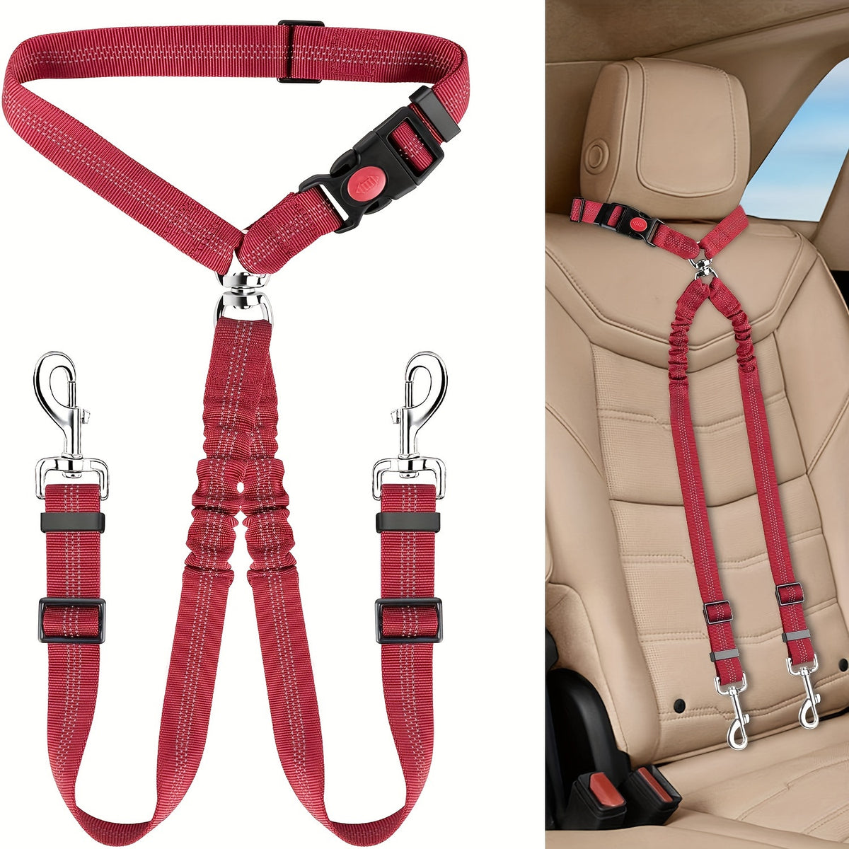 Dual Dog Car Seat Belt with Adjustable Headrest Loop, Two Bungee Tether Straps and Metal Clips for Two-Dog Travel in Red, Rose Red or Black