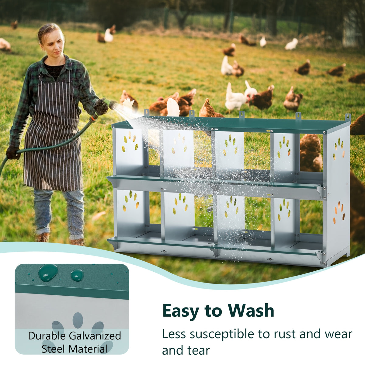 Galvanized Steel Chicken Nesting Box with Ventilation Holes, Green Model 0206 Hen Nest with Removable Divider and Nest Pad for Backyard Coops