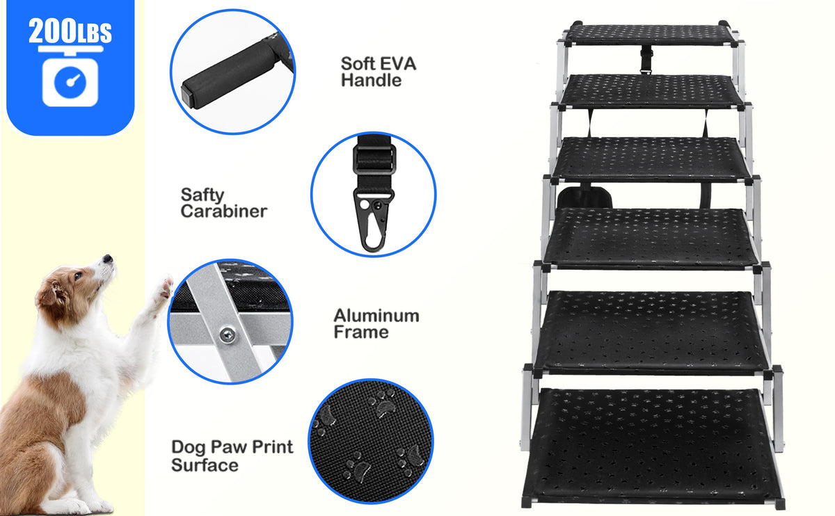 Dog Stairs for Cars, 6-Step Folding Non-Slip Pet Ladder for Large Dogs up to 200 lbs, Portable Vehicle Steps for SUVs and Trucks