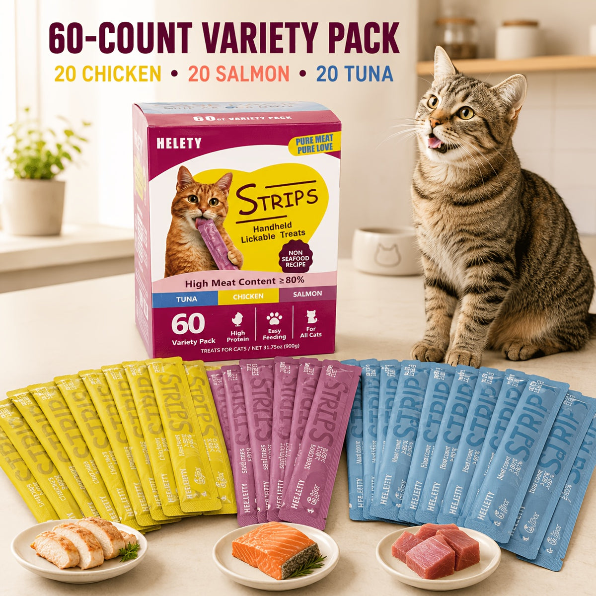 Cat Puree Treat Sticks 15g, Creamy Lickable Snacks for Hand Feeding and Meal Topping, Tuna or Yolk 10-Pack and Listed 72-Piece Mixed Options