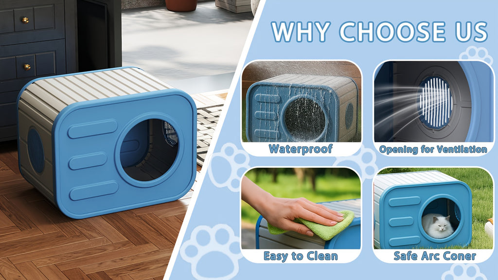 Blue Resin Cat House for Indoor and Outdoor Use, Easy-to-Assemble and Easy-to-Clean Pet Resting Shelter, 20.83 x 14.21 x 15.91 Inches
