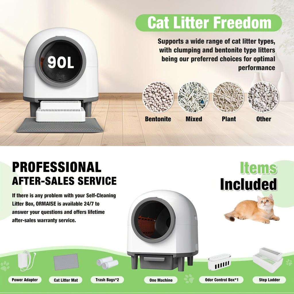 App-Controlled Self-Cleaning Cat Litter Box, 90L Interior with 10L Waste Compartment, Entry Step and Litter Mat for Multi-Cat Homes, CB00 White