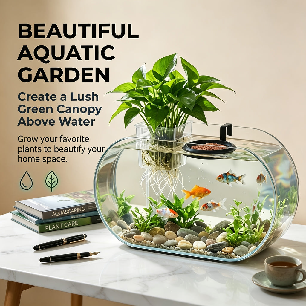 Aquarium Plant Holder Set with Floating Feeding Ring, 3-Piece Fish Tank Accessory Kit with 2 Top-Hanging Aquatic Plant Baskets and Hook Openings