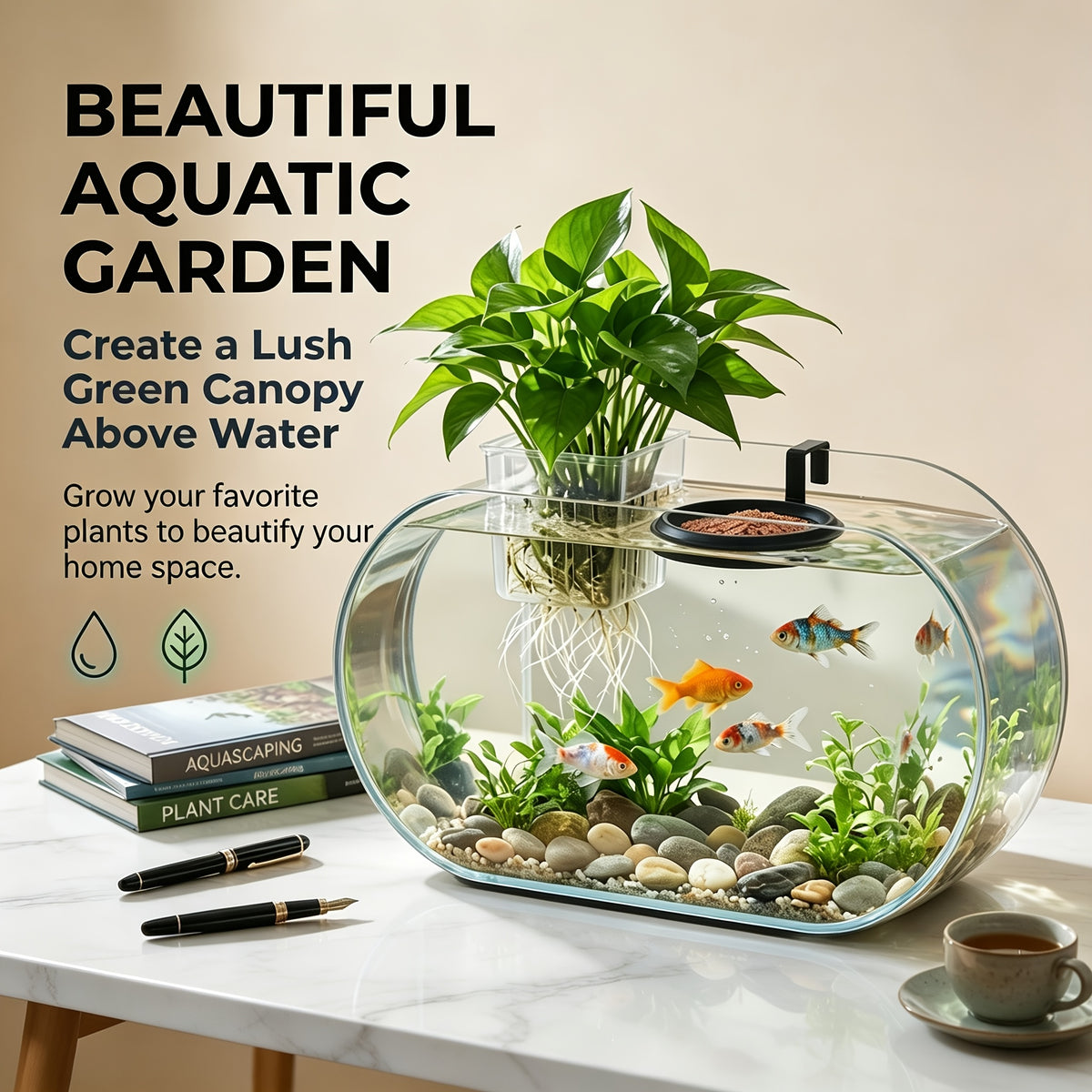 Aquarium Plant Holder Set with Floating Feeding Ring, 3-Piece Fish Tank Accessory Kit with 2 Top-Hanging Aquatic Plant Baskets and Hook Openings