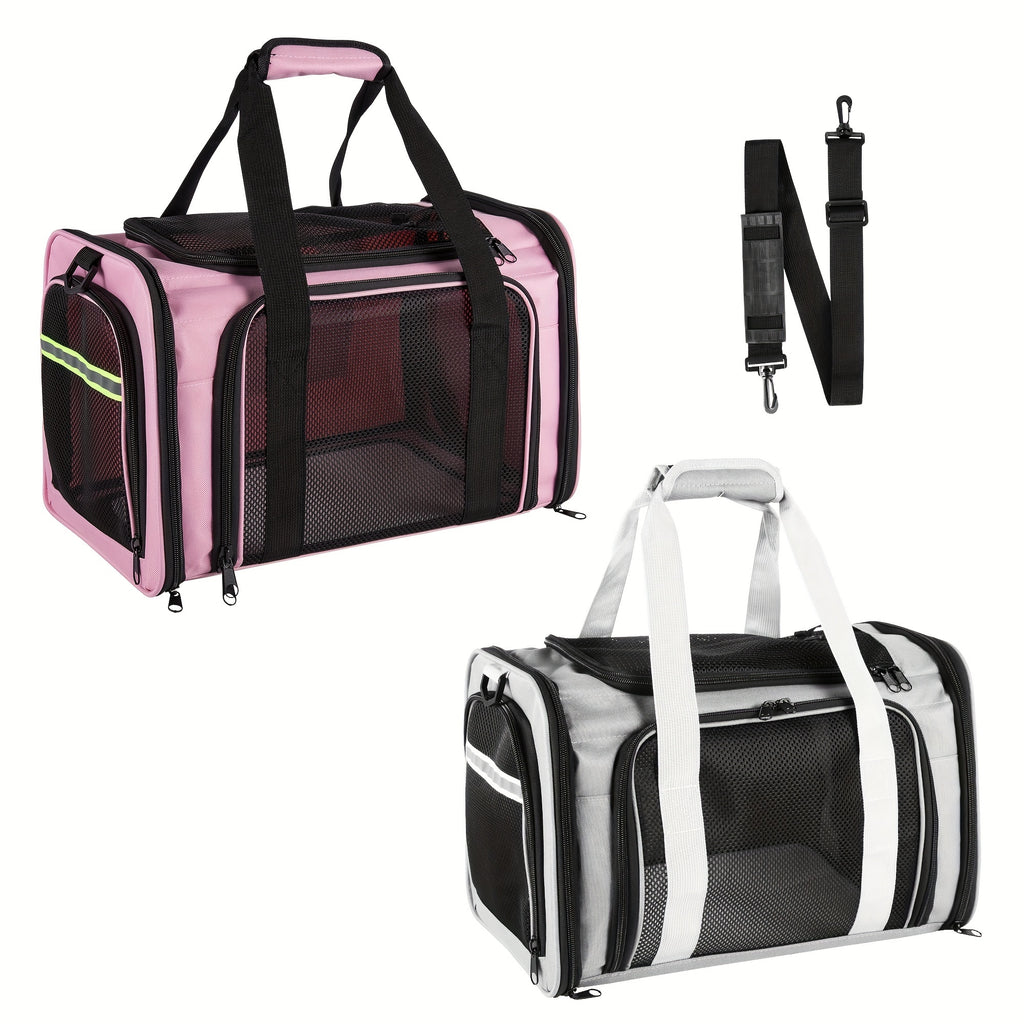 Cat Travel Carrier with Mesh Windows, Collapsible Soft-Sided Pet Bag for Cats and Small Dogs Under 15 lbs, Shoulder Strap and Padded Carry Handle
