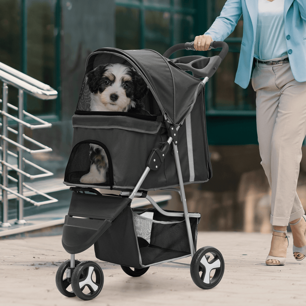 Pet Stroller with Storage Basket and Cup Holder, Magshion Three-Wheel Foldable Pushchair for Small and Medium Dogs and Cats, 14 Color and Pattern Options