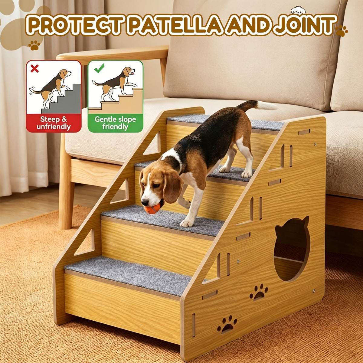 4-Step Dog Stairs for Small Dogs and Cats, Khaki Pet Steps with Non-Slip Treads and Paw Cutout Side Panels for Bed and Couch Access