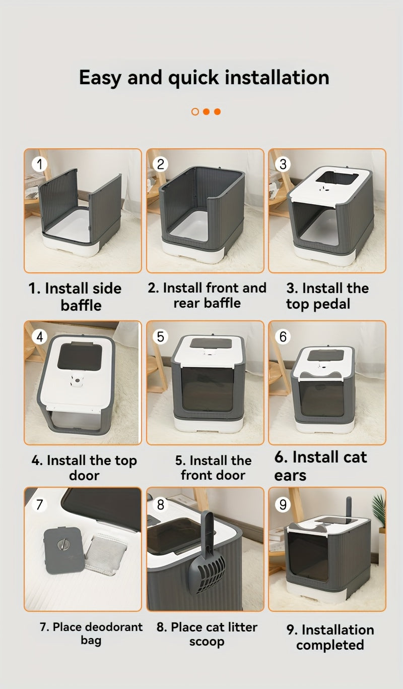 Enclosed Cat Litter Box with Foldable Design, Front Door and Top Opening, Covered Indoor Kitty Toilet in White, Pink or Yellow Options