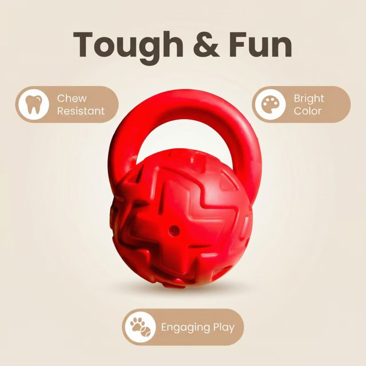 Kettlebell Squeaky Dog Toy with Loop Handle, Red Textured Vinyl Sound-Making Pet Toy for Supervised Fetch, Carry Games and Interactive Play