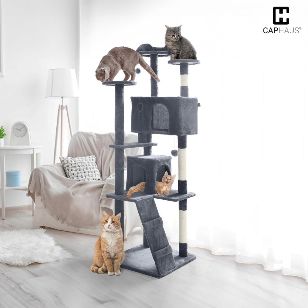 Cat Tree for Large Indoor Cats, 74 Inch Multi-Level Tower with Widened Perch, Sisal Scratching Posts, Tunnel, Basket, Condo and Wand Toy, Smoky Grey