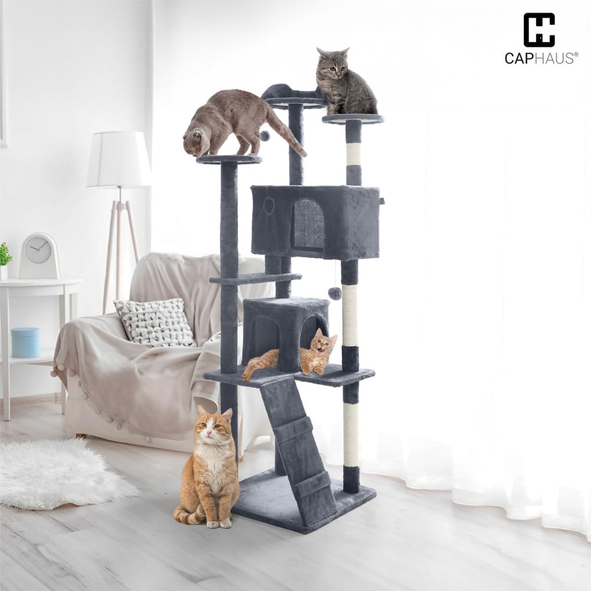 Cat Tree for Large Indoor Cats, 74 Inch Multi-Level Tower with Widened Perch, Sisal Scratching Posts, Tunnel, Basket, Condo and Wand Toy, Smoky Grey