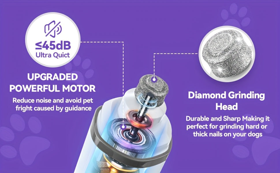 Dog Nail Grinder with LED Light, Quiet 3-Speed Rechargeable Pet Nail Trimmer with 3 Grinding Ports and Diamond Bit for Small, Medium and Large Dogs and Cats