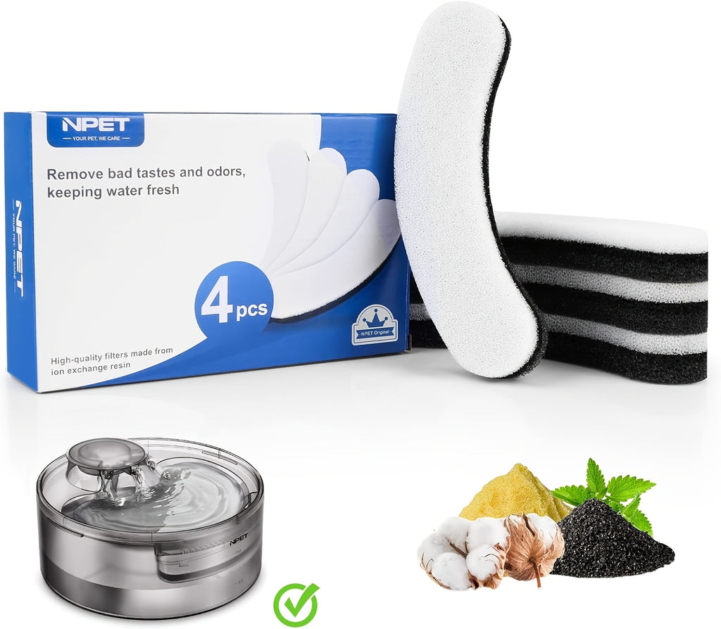 Pet Water Fountain Filters for NPET DF10 and DF30, Activated Carbon Replacement Refills in 4, 16, 20 or 24 Packs for Dog and Cat Drinking Dispensers