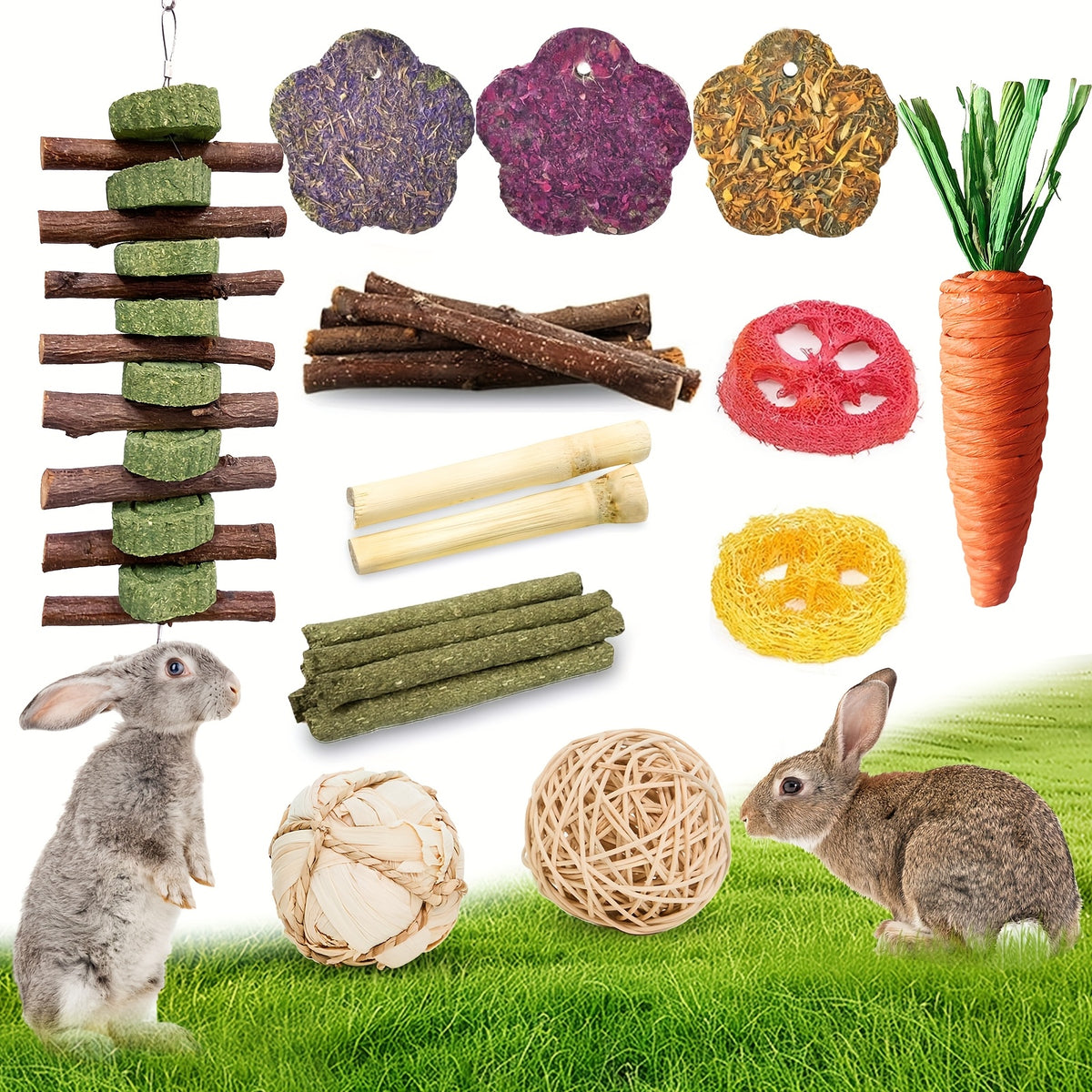 Timothy Hay Treats Variety Pack for Rabbits, Guinea Pigs and Hamsters, 21 Assorted Hay Sticks and Cakes with Carrot and Strawberry Styles