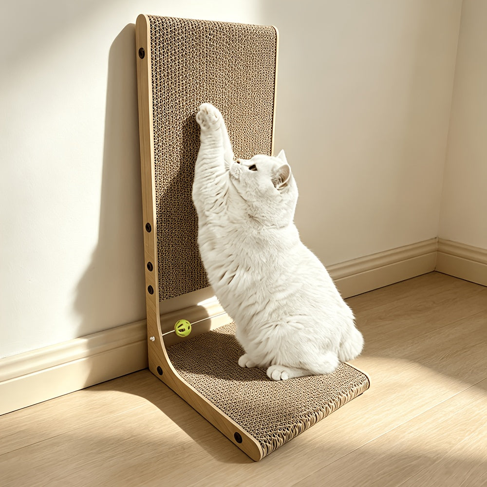 Cat Scratching Board with Toy Balls, 23-Inch L-Shaped Cardboard Scratcher for Indoor Cats, Vertical Stretch and Floor Scratch Pad, 1 or 3 Pieces