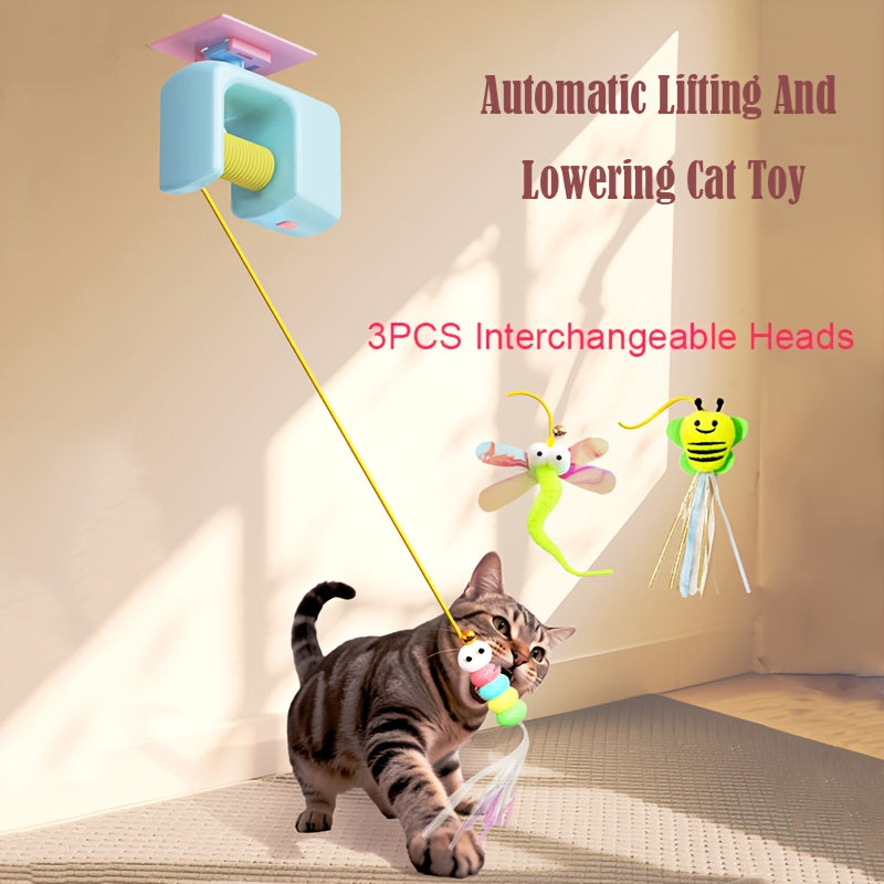 Automatic Hanging Cat Toy with Touch-Activated Retractable Tail, Blue Door or Wall Play Toy with Two Replacement Tails for Supervised Indoor Fun