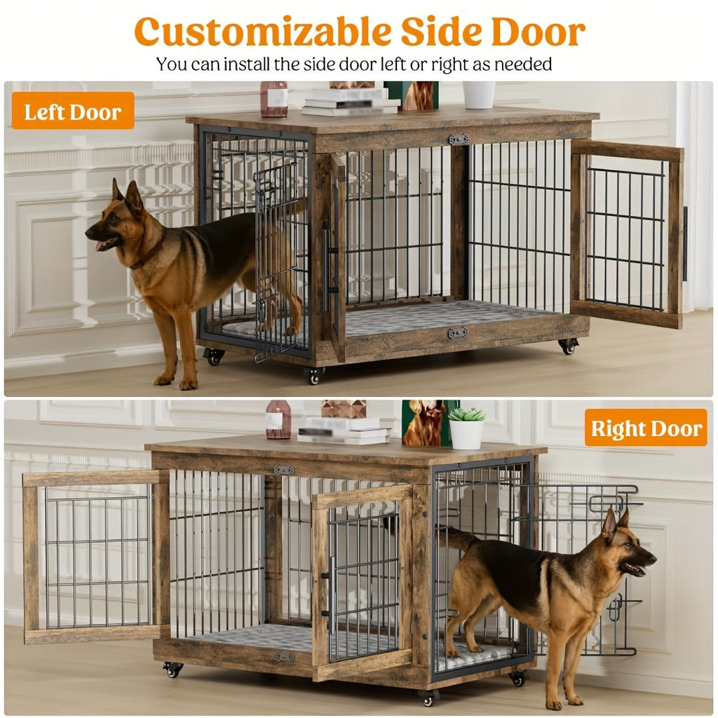 Wooden Dog Crate Furniture with Cushion Mat, 4 Sizes, Metal Bar Kennel End Table with Secure Lock, Reversible Side Door, Wheels or Anti-Slip Feet, Gray or Brown for S to XL Dogs