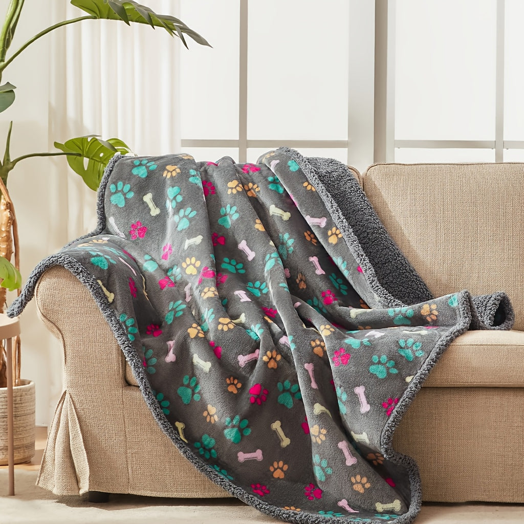 Gray Pattern Dog Blanket for Couch and Bed, Soft Fluffy Reversible Washable Pet Furniture Cover with Bone or Paw Designs and Multiple Size Options