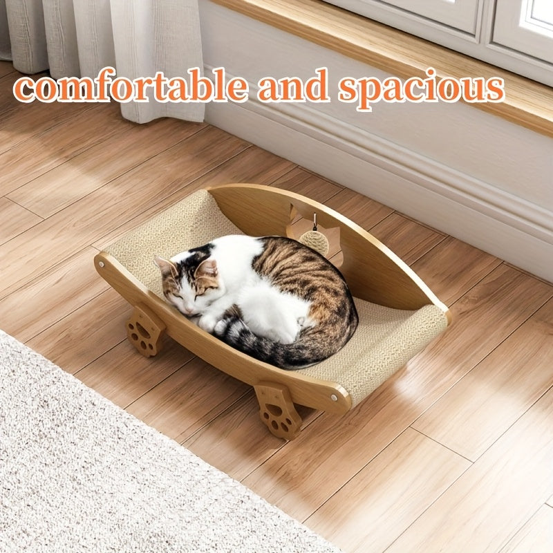 Cat Scratching Lounge with Hanging Ball Toy, Natural Sisal Pad and Solid Wood Curved Chair for Indoor Cats to Scratch, Stretch, Rest and Play