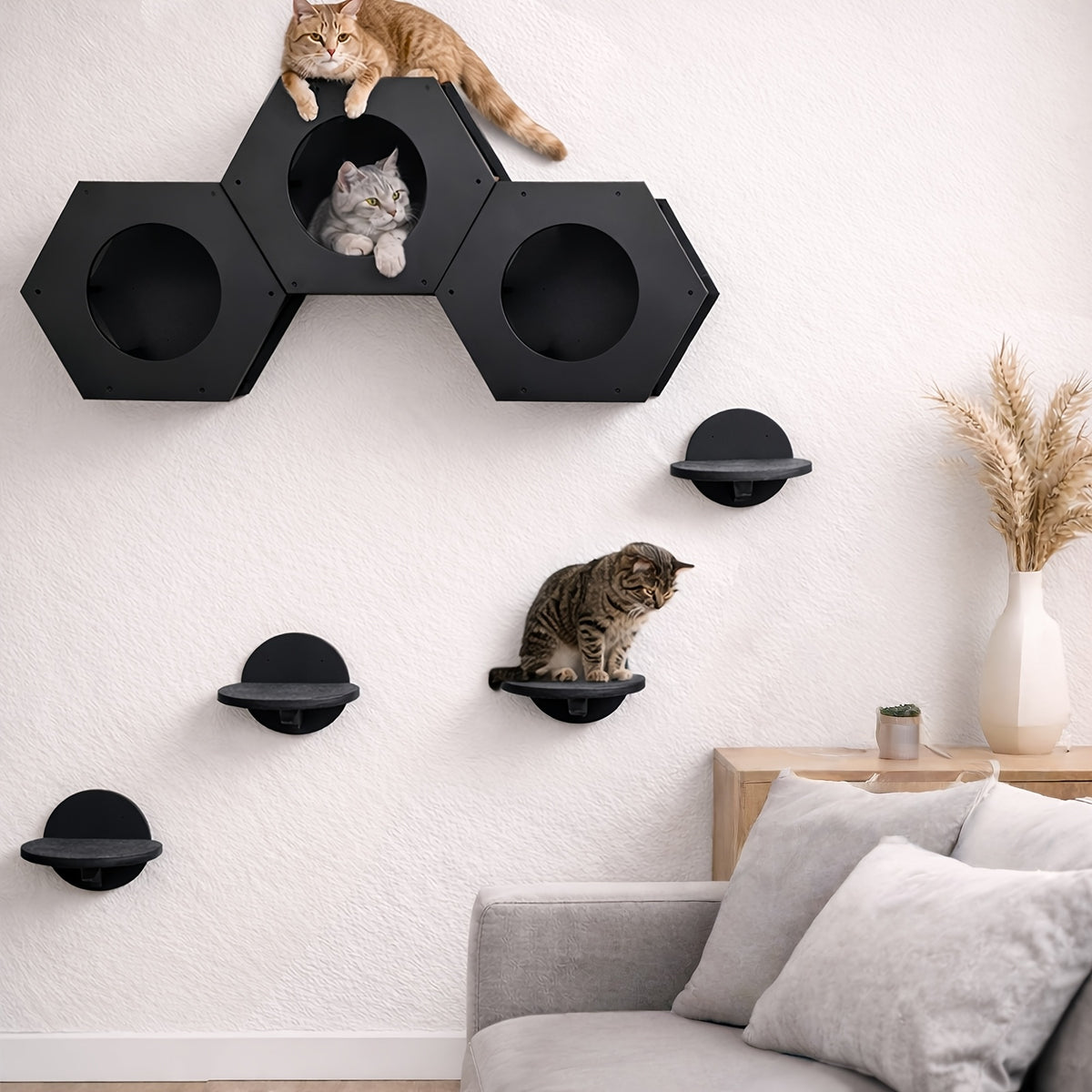 Cat Wall Shelves with Hexagon House, 4-Piece Wooden Climbing Furniture Set with 3 Steps and Scratching Post for Small and Medium Indoor Cats up to 20 lbs