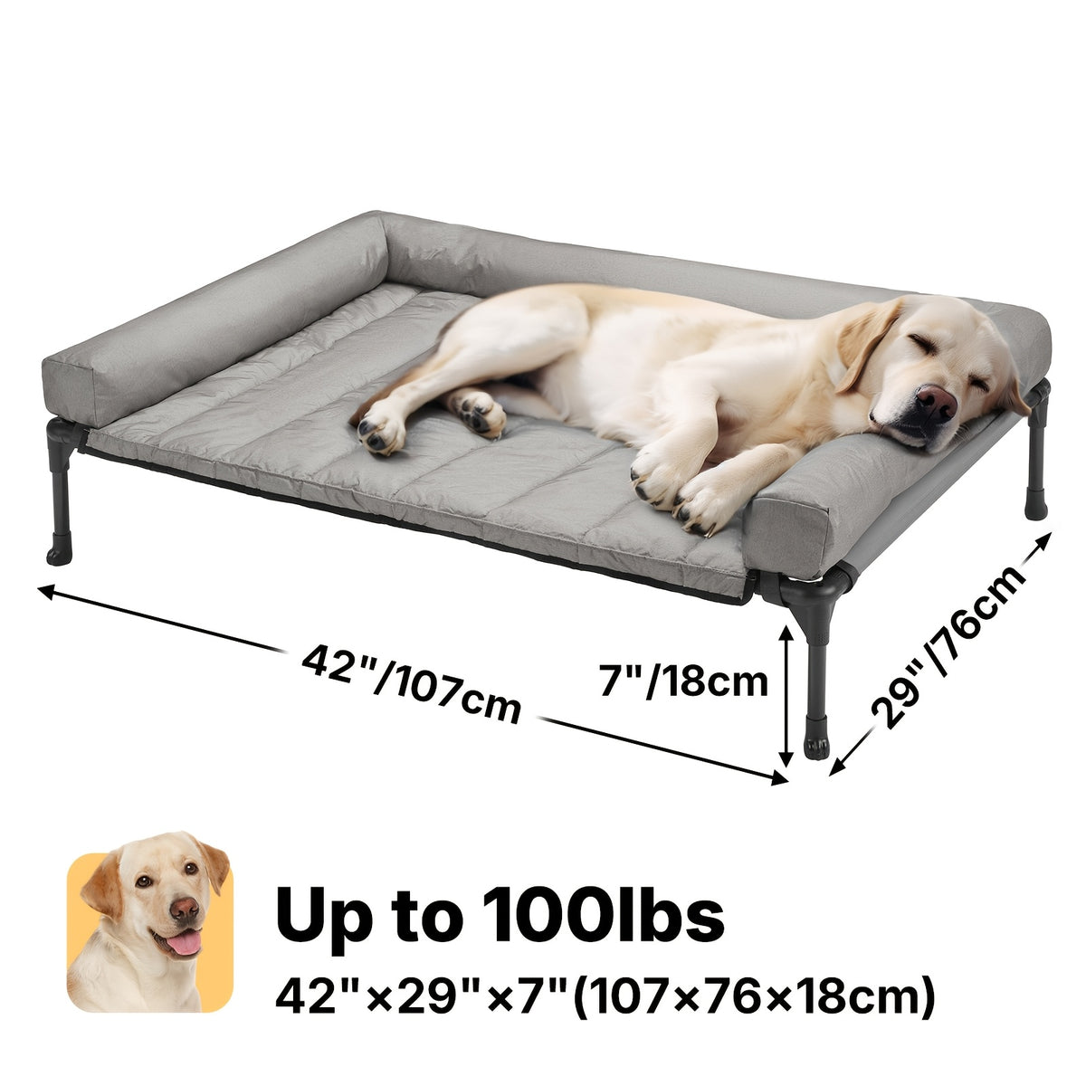 Elevated Dog Bed with Removable Pillow-Top Mat, Three-Sided Bolster Pet Cot with Breathable Teslin Mesh, Steel Frame and Non-Slip Feet in Four Sizes