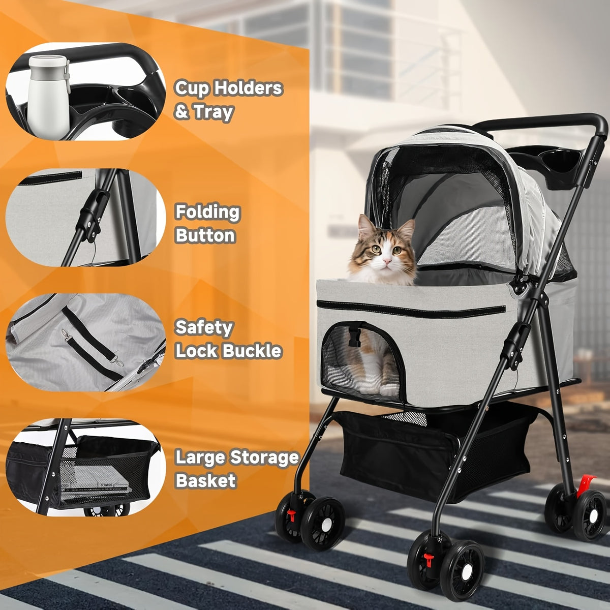 Convertible Pet Stroller with Removable Carrier, Foldable Dog and Cat Pushchair with Mesh Canopy, Storage Basket and Cup Holder in Four Colors